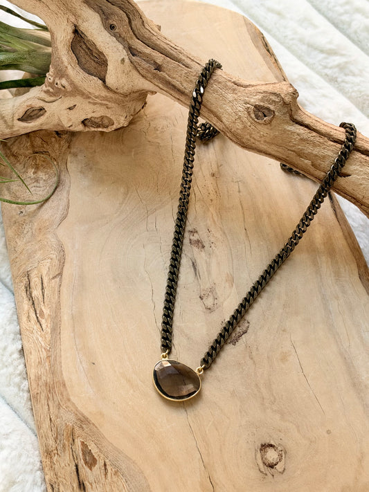 Smoky Quartz + Antique Brass Necklace