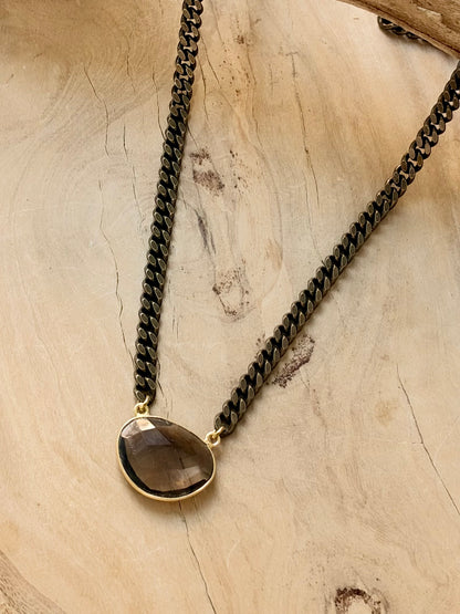Smoky Quartz + Antique Brass Necklace