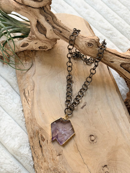 Amethyst Slice + Antique Brass Necklace