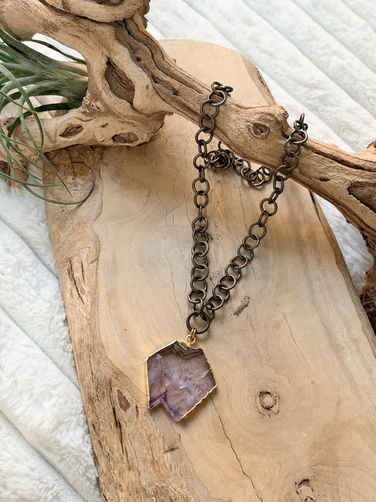 Amethyst Slice + Antique Brass Necklace