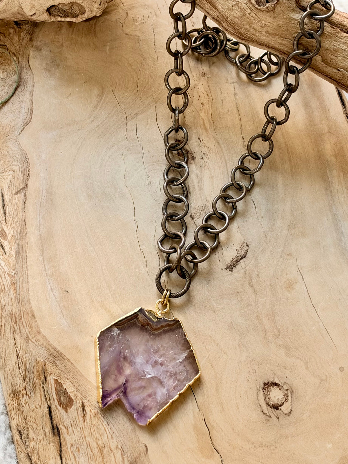 Amethyst Slice + Antique Brass Necklace