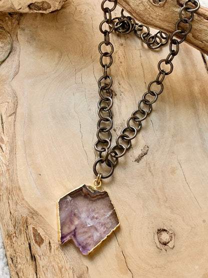 Amethyst Slice + Antique Brass Necklace