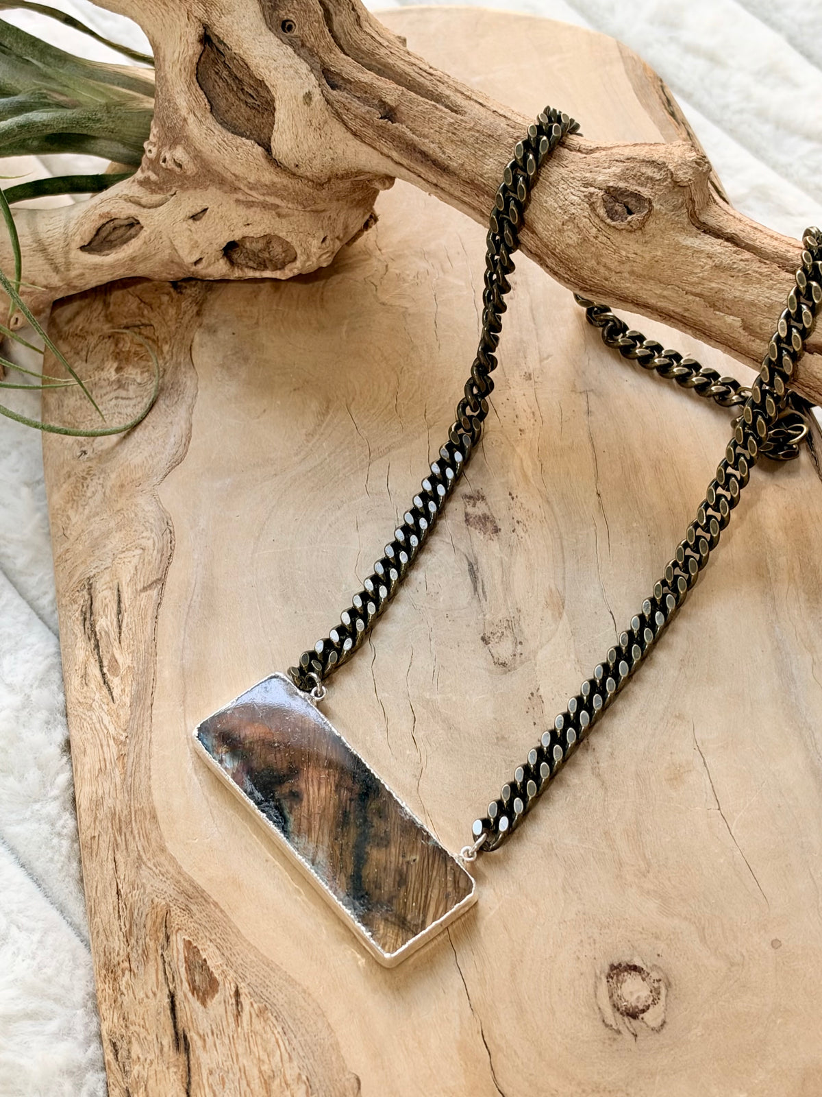 Labradorite + Antique Brass Large Bar Necklace