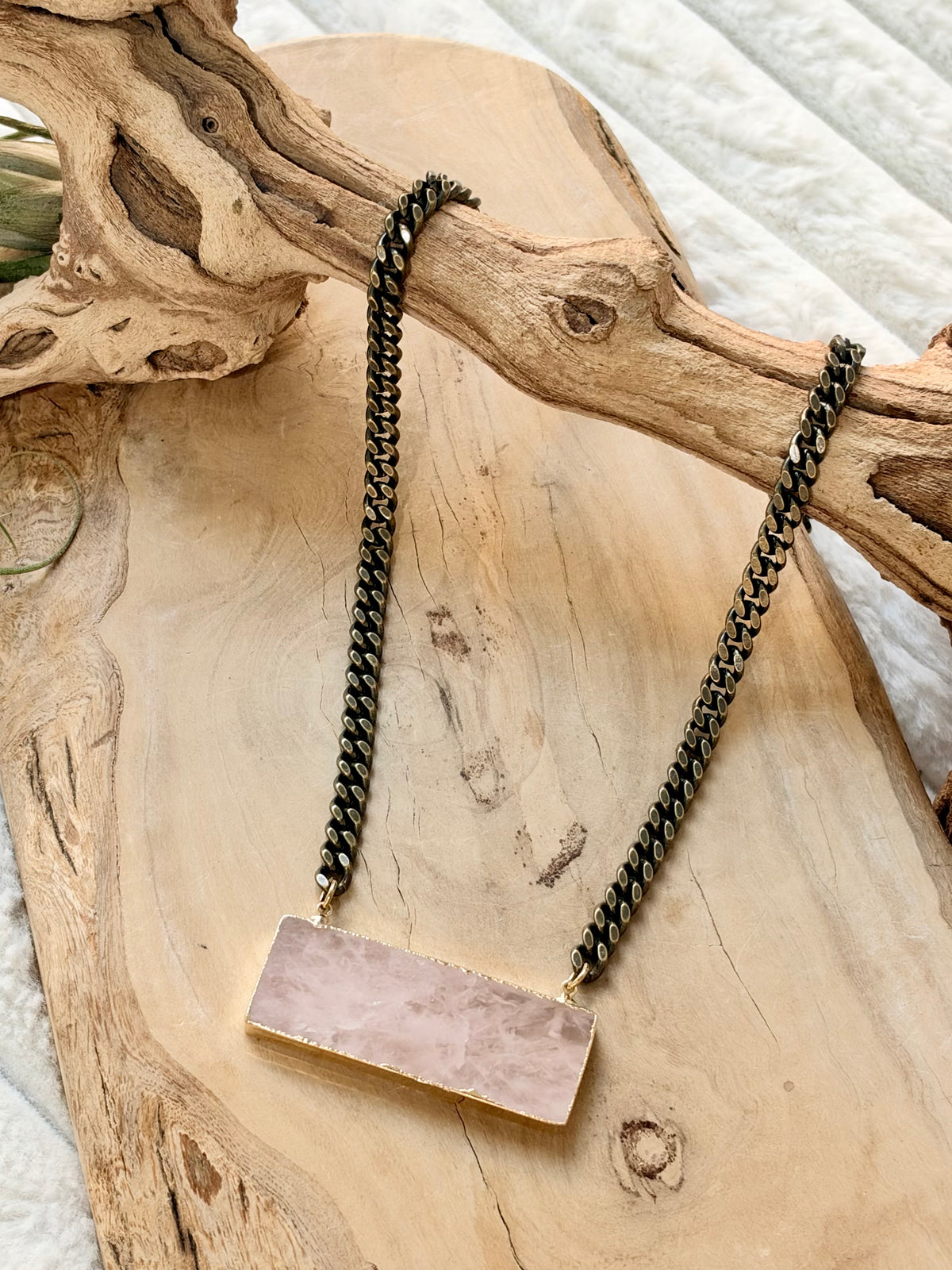 Rose Quartz + Antique Brass Large Bar Necklace