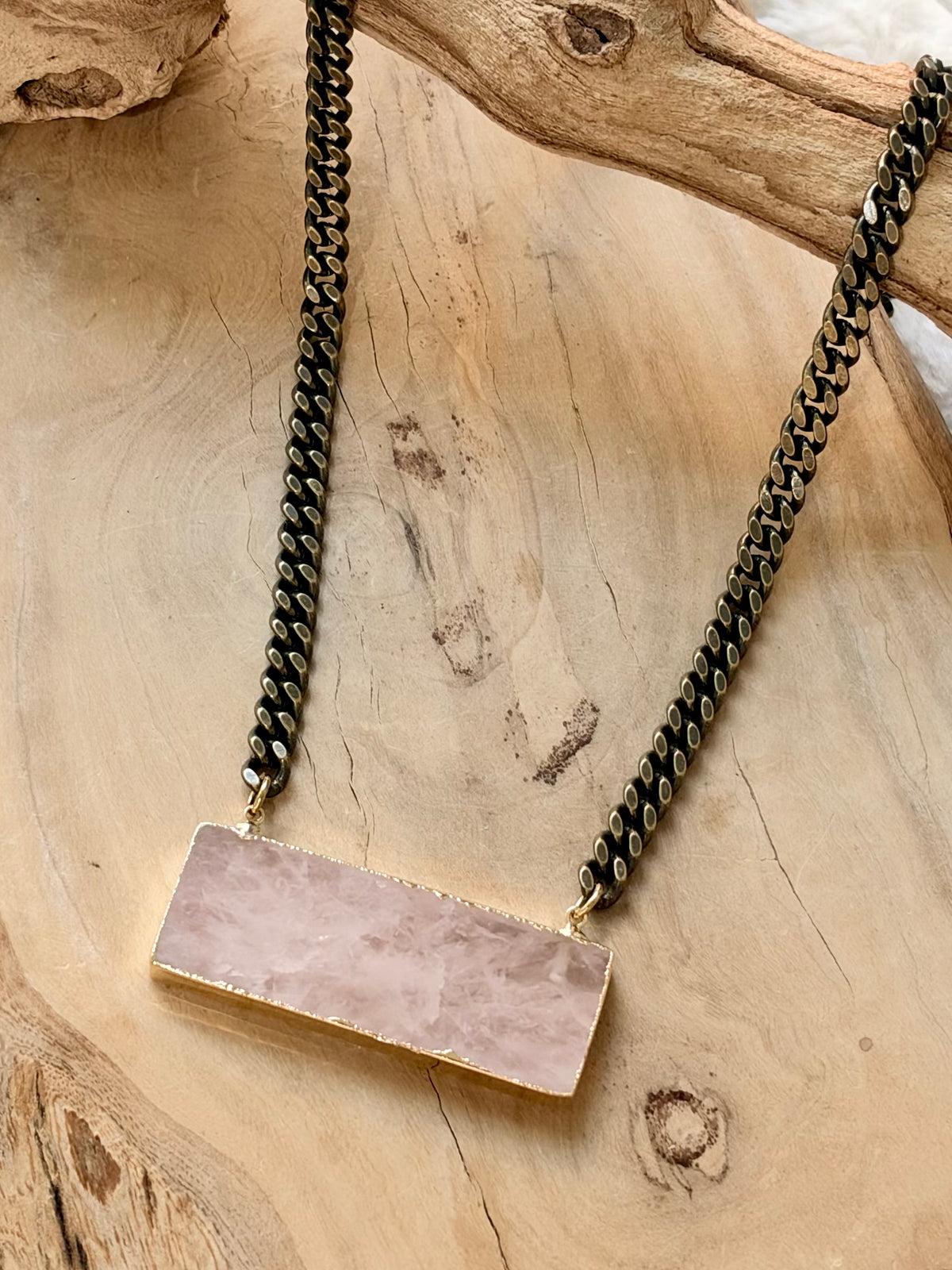 Rose Quartz + Antique Brass Large Bar Necklace