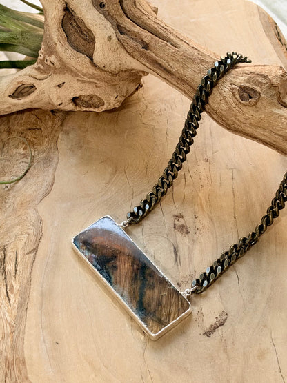 Labradorite + Antique Brass Large Bar Necklace