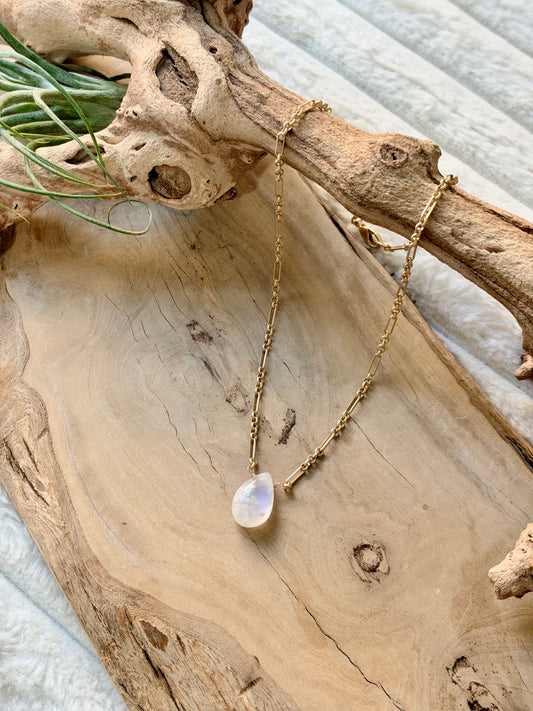 Rainbow Moonstone + Matte Gold Necklace