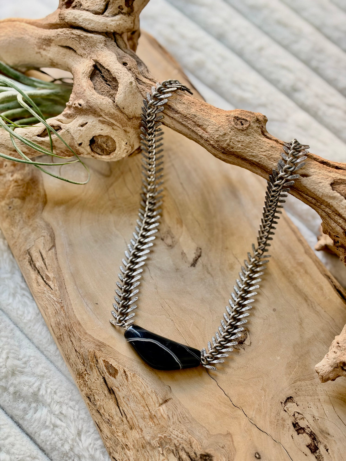 Tuxedo Agate + Antique Silver Fishbone Necklace