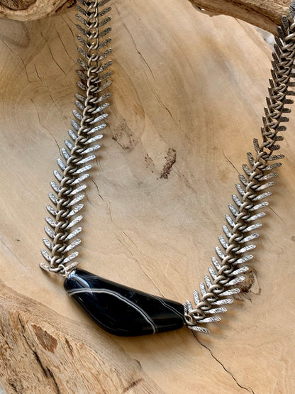 Tuxedo Agate + Antique Silver Fishbone Necklace