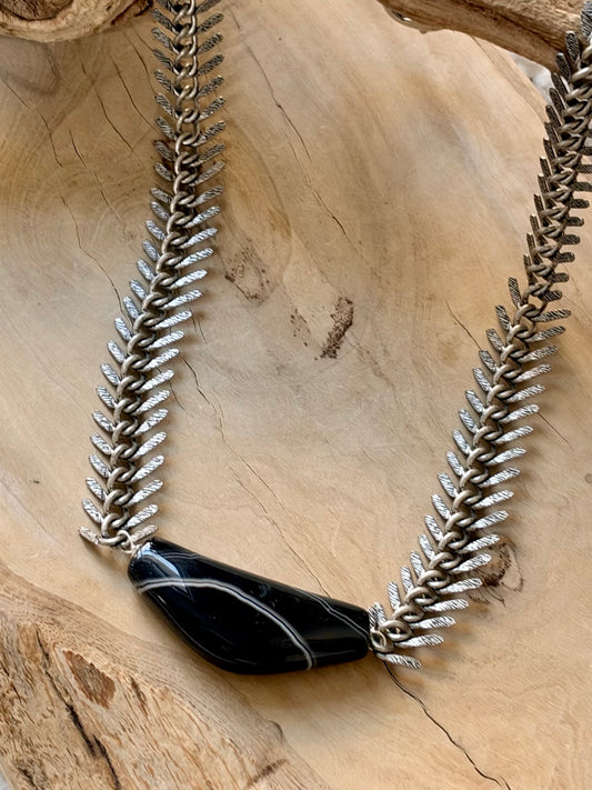 Tuxedo Agate + Antique Silver Fishbone Necklace