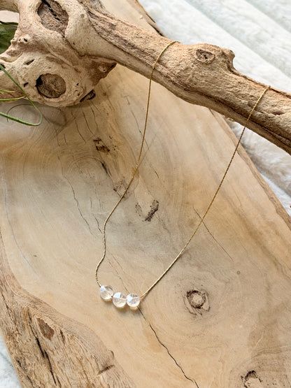 Rainbow Moonstone Trio + Gold Floating Gem Necklace