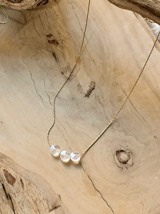 Rainbow Moonstone Trio + Gold Floating Gem Necklace