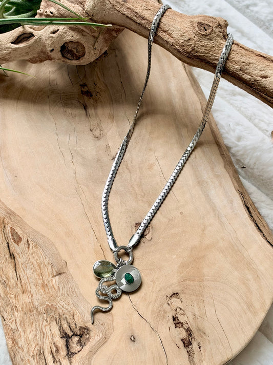 Labradorite + Silver Carabiner Herringbone Necklace