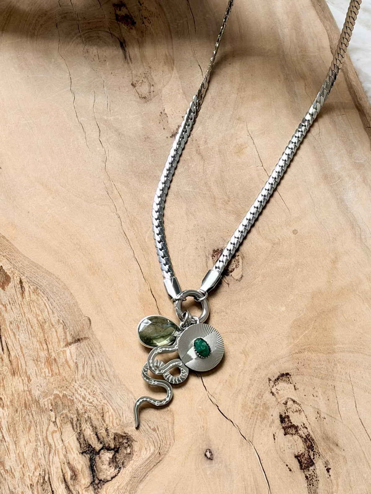 Labradorite + Silver Carabiner Herringbone Necklace