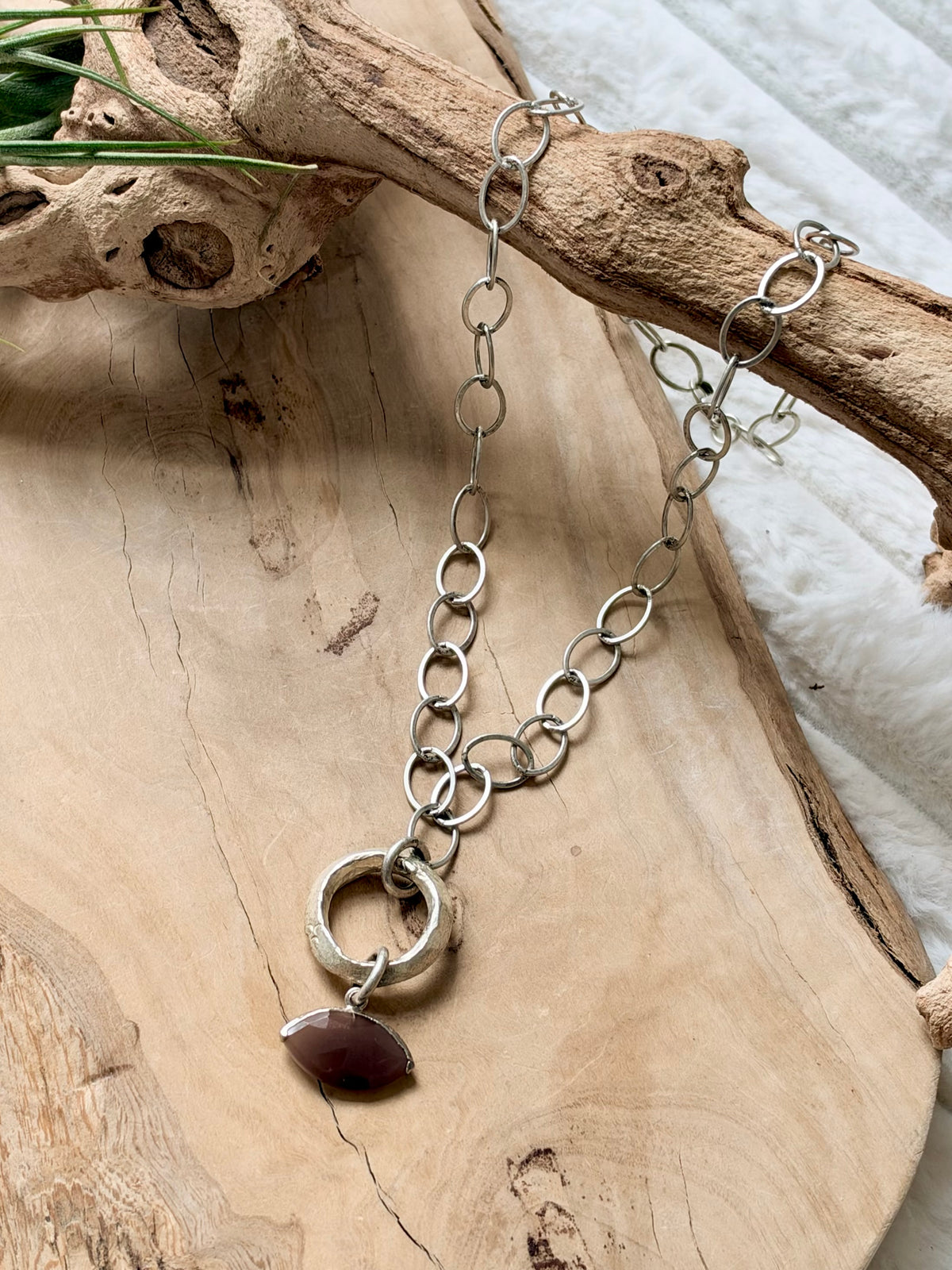 Chocolate Moonstone Evil Eye + Antique Silver Necklace