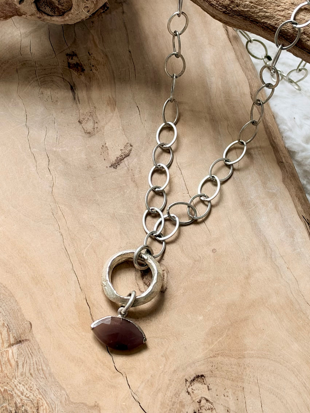 Chocolate Moonstone Evil Eye + Antique Silver Necklace