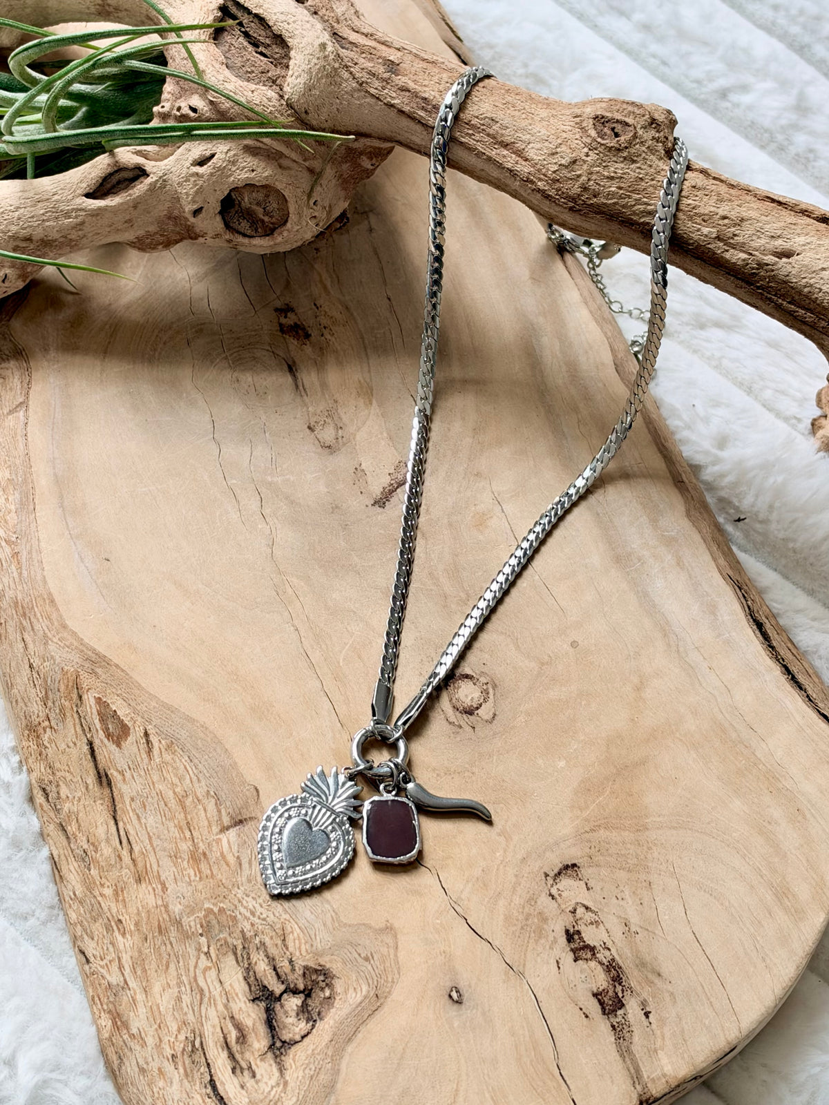Chocolate Moonstone + Silver Carabiner Herringbone Necklace