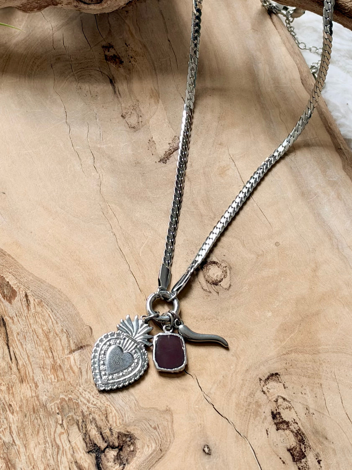 Chocolate Moonstone + Silver Carabiner Herringbone Necklace