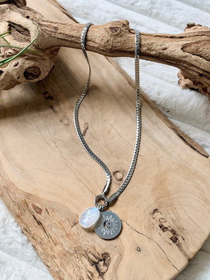Rainbow Moonstone + Silver Carabiner Herringbone Necklace