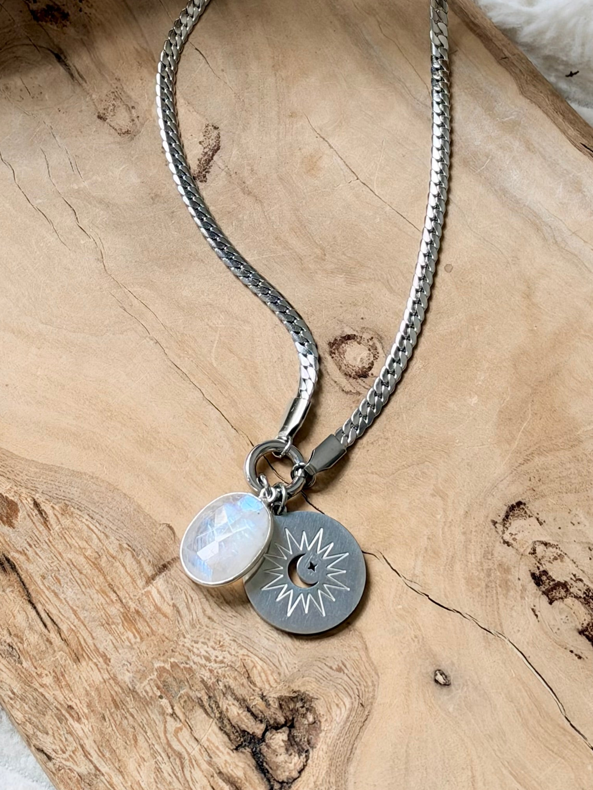 Rainbow Moonstone + Silver Carabiner Herringbone Necklace