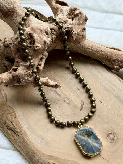 Labradorite Octagon + Antique Brass Necklace