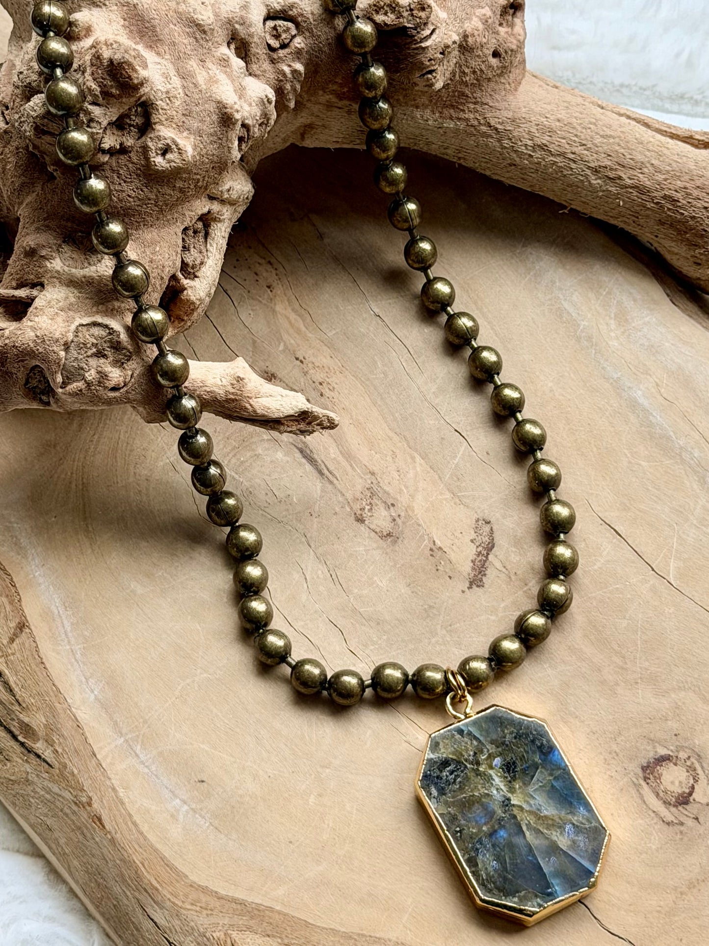 Labradorite Octagon + Antique Brass Necklace