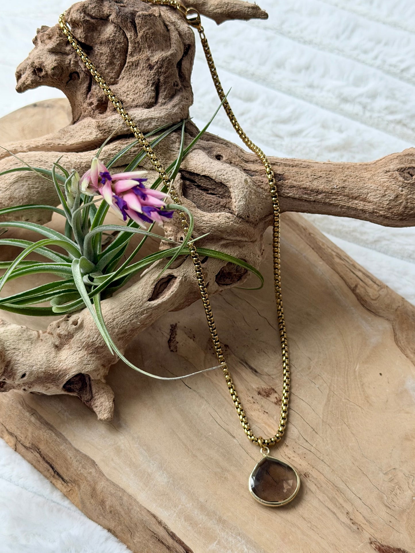 Smoky Quartz + Gold Stainless Steel Necklace