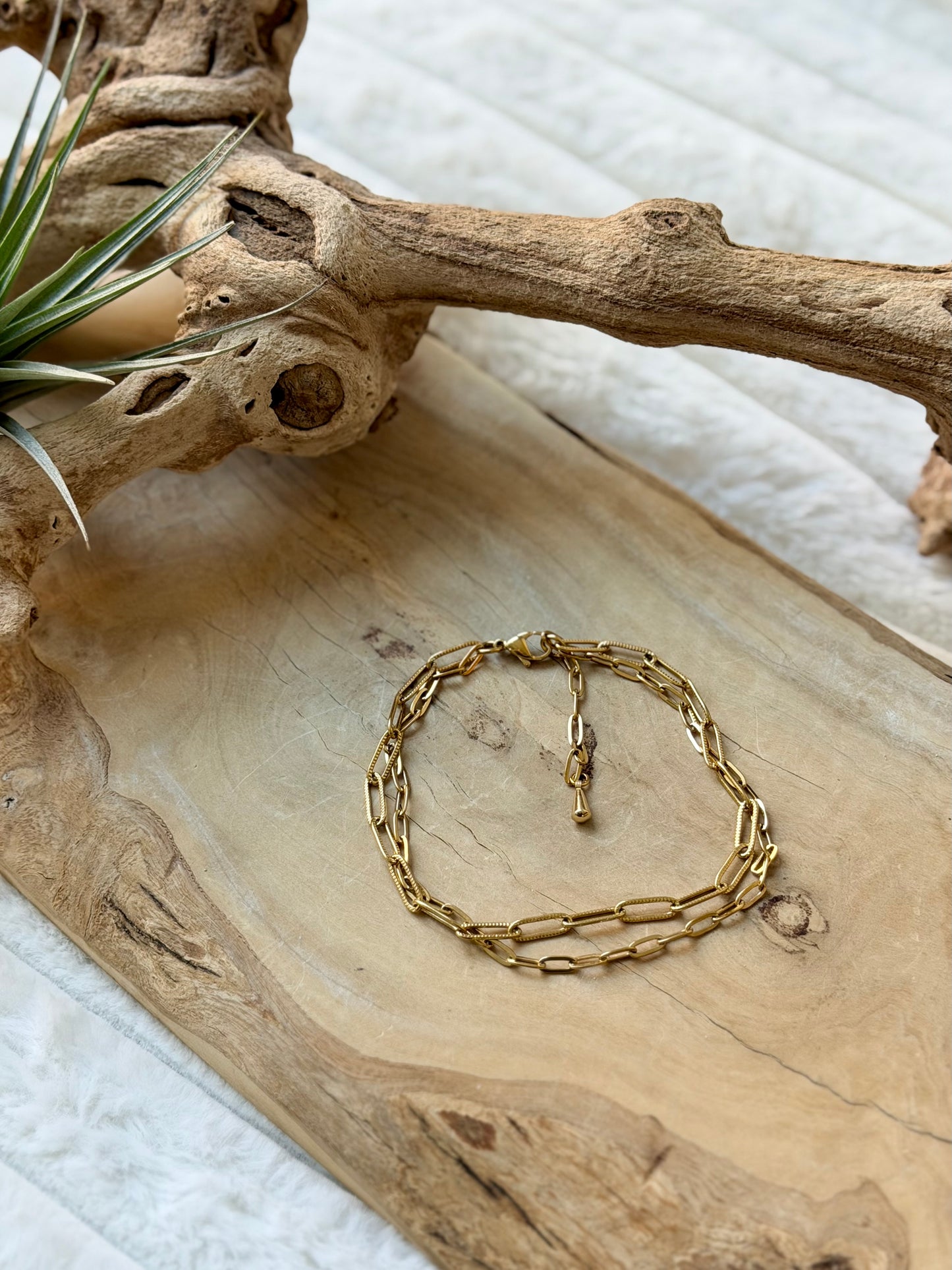Gold Stainless Duet Anklet (Double Paperclip Chains)