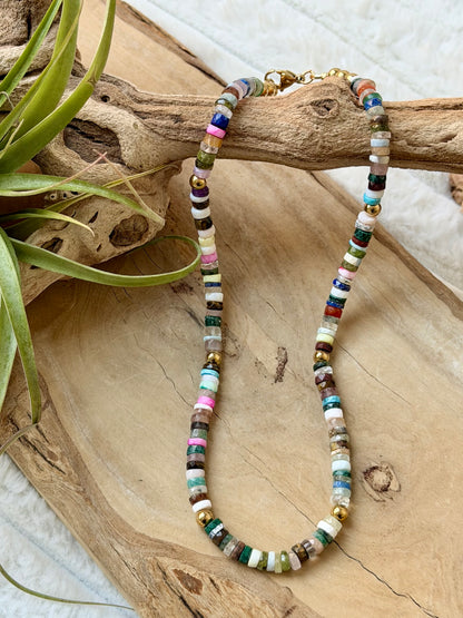 Mixed Gems + Gold Beaded Necklace