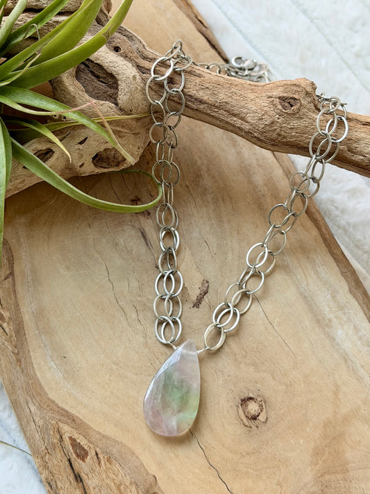 Feather Fluorite + Antique Silver Double Chain Necklace