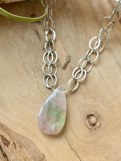 Feather Fluorite + Antique Silver Double Chain Necklace