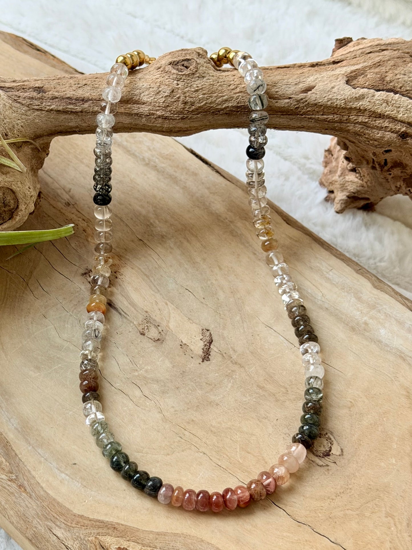 Multi-Color Rutilized Quartz + Gold Beaded Necklace