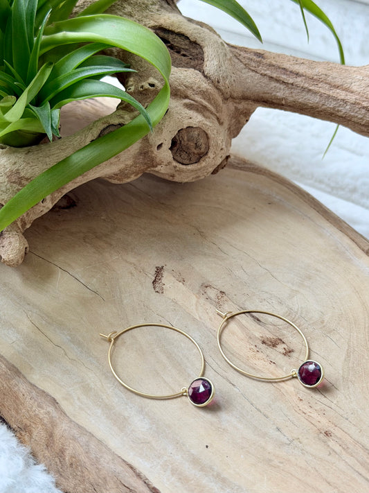 Garnet + Matte Gold Hoop Earrings