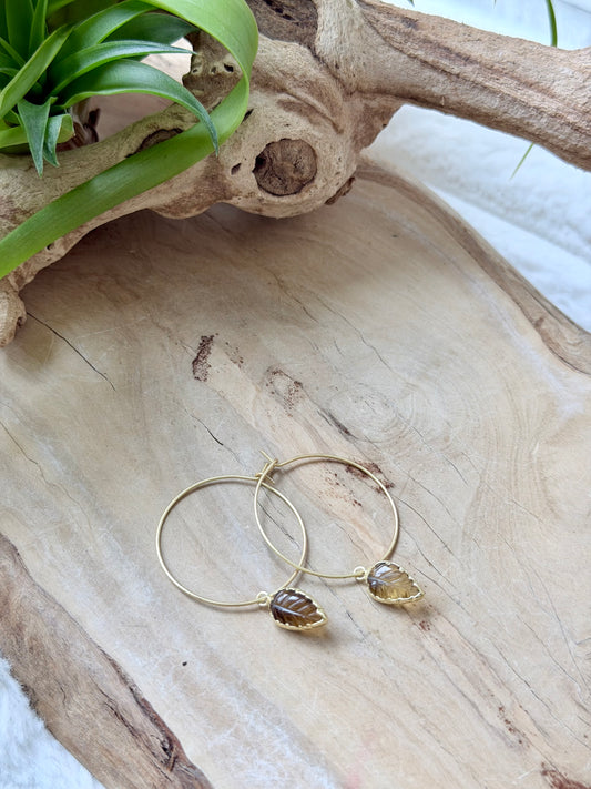 Smoky Quartz Leaf + Matte Gold Hoop Earrings