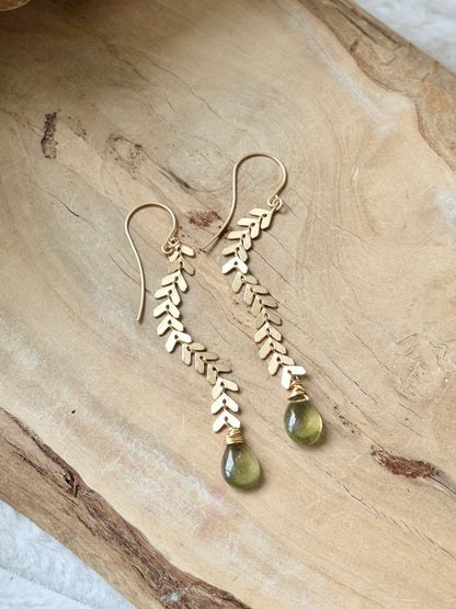 Moss Aquamarine + Matte Gold Drop Earrings