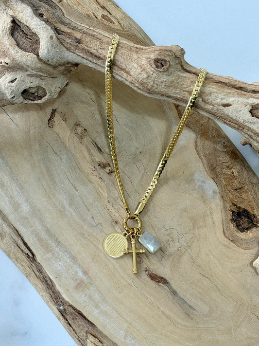 Rainbow Moonstone + Gold Carabiner Herringbone Necklace