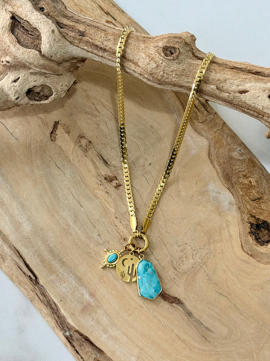 Turquoise + Gold Carabiner Herringbone Necklace