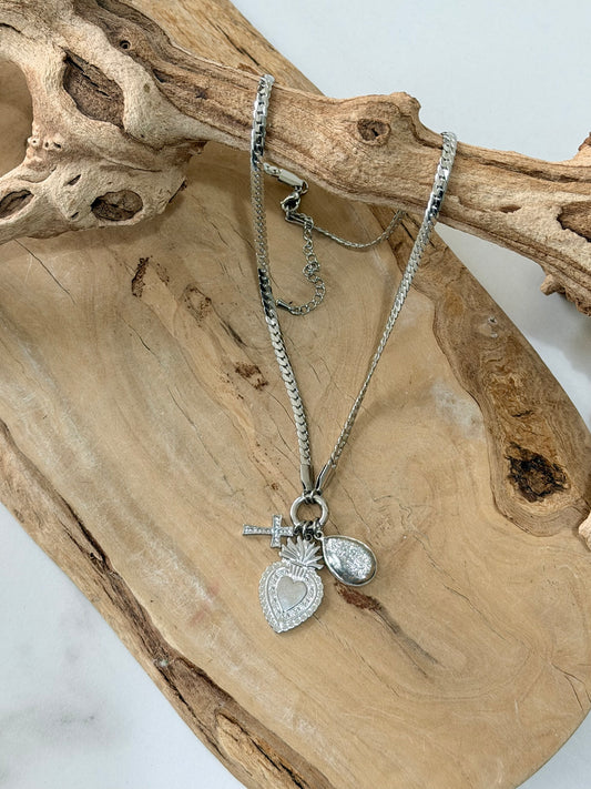 Silver Druzy Agate + Silver Carabiner Herringbone Necklace