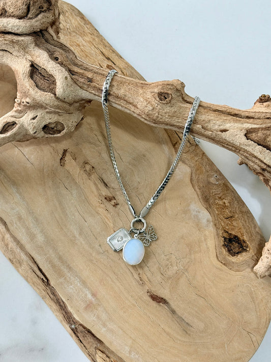 Opalite + Silver Carabiner Herringbone Necklace