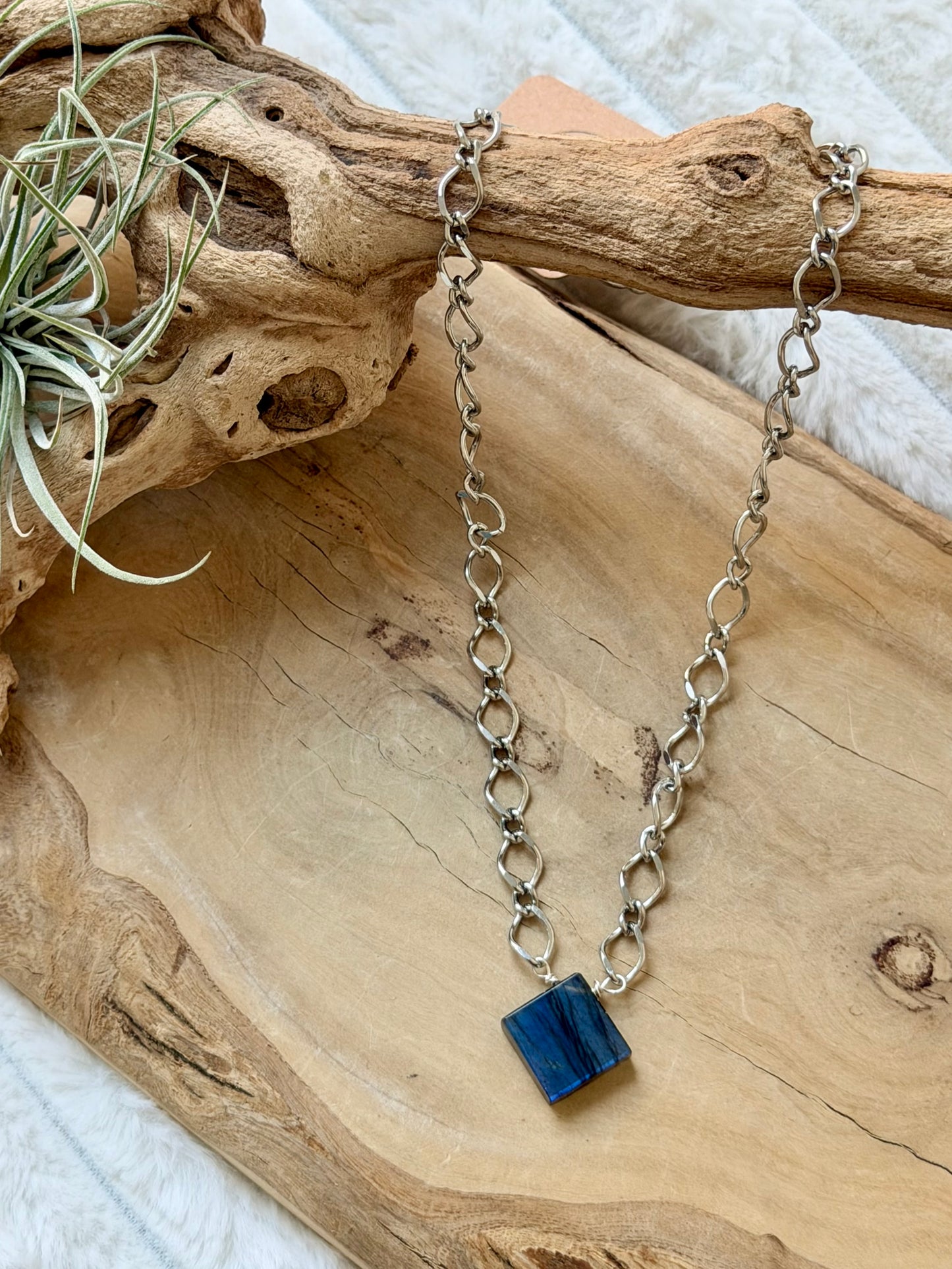 Square Labradorite + Silver Stainless Steel Necklace