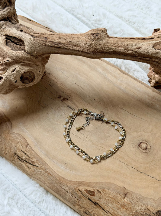 Rainbow Moonstone + Mixed Metal Stainless Steel Duet Bracelet