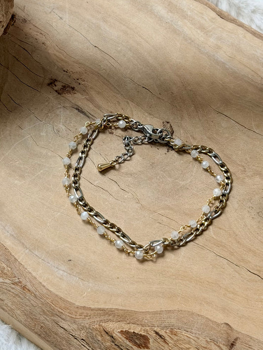 Rainbow Moonstone + Mixed Metal Stainless Steel Duet Bracelet