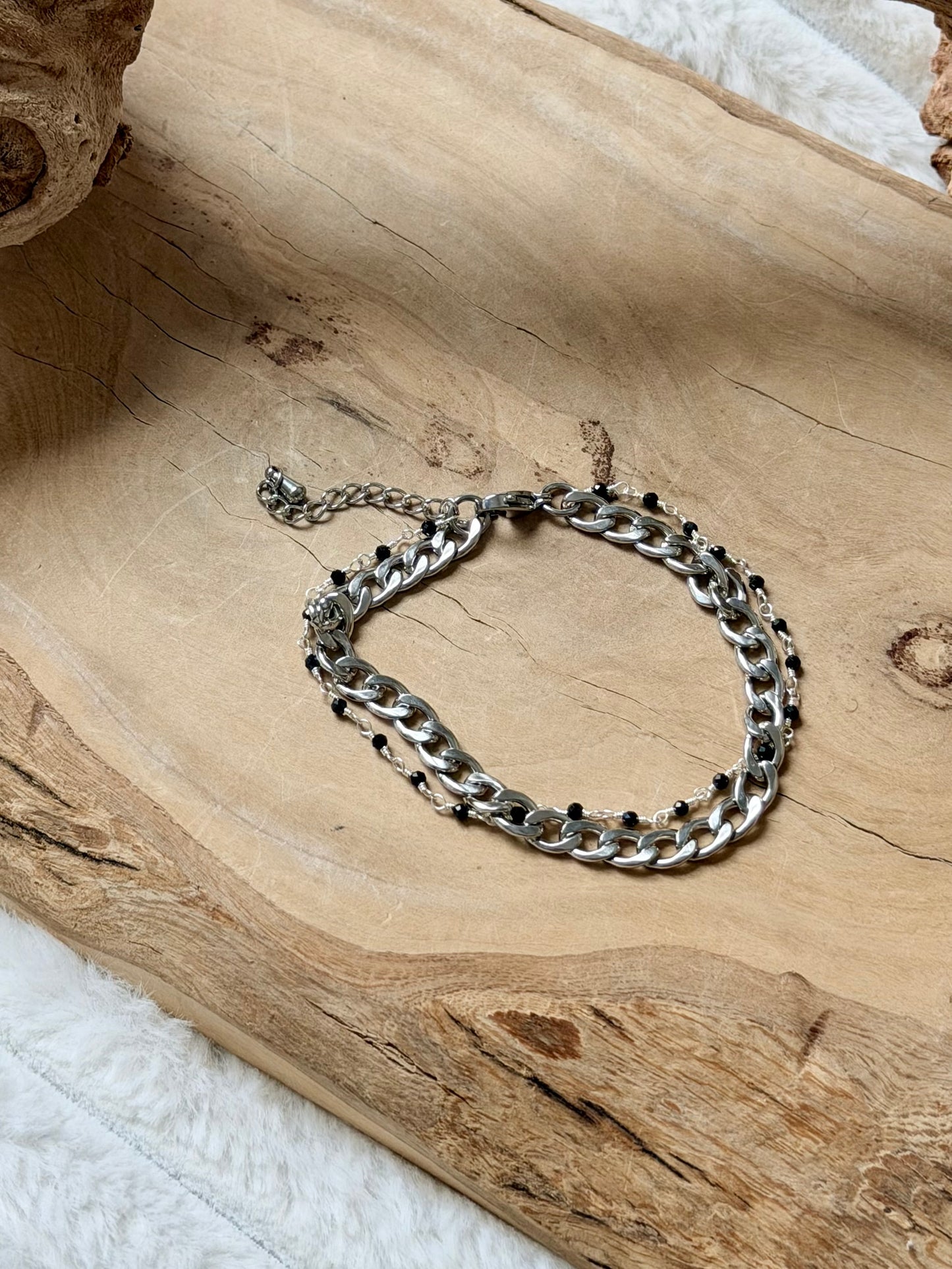 Black Onyx + Silver Stainless Steel Duet Bracelet