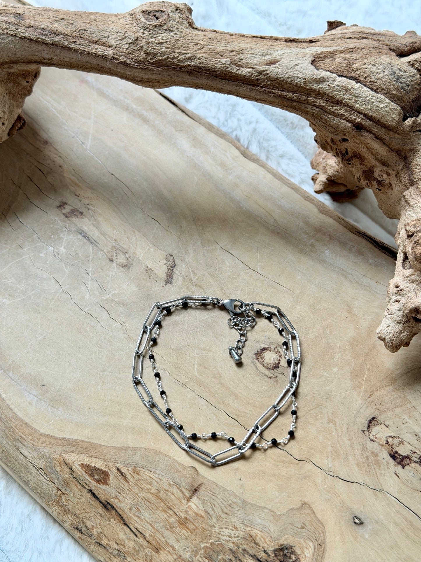 Black Onyx + Silver Stainless Steel Duet Bracelet