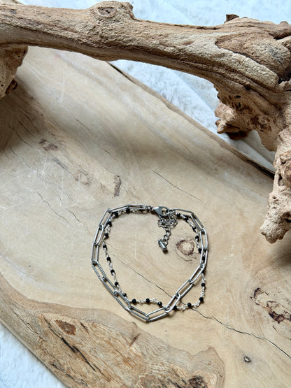 Black Onyx + Silver Stainless Steel Duet Bracelet