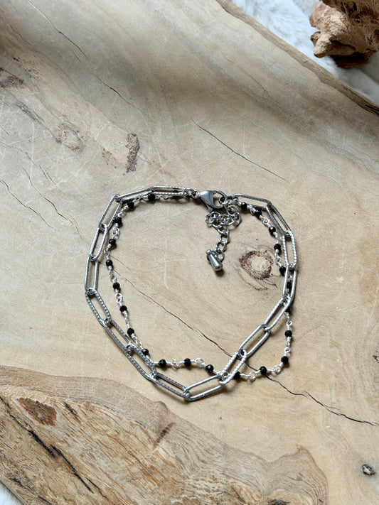 Black Onyx + Silver Stainless Steel Duet Bracelet