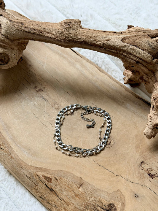 Moonstone + Pyrite Silver Stainless Steel Duet Bracelet