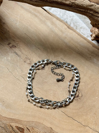 Moonstone + Pyrite Silver Stainless Steel Duet Bracelet