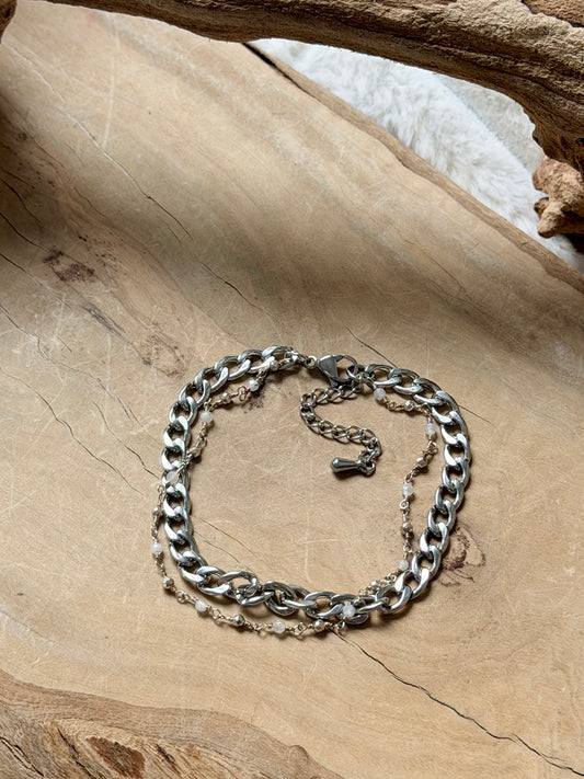 Moonstone + Pyrite Silver Stainless Steel Duet Bracelet