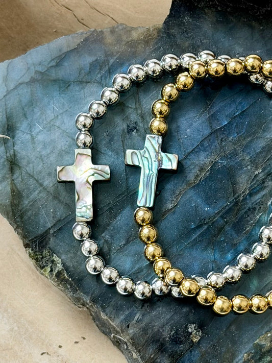 Shell + Gold Stainless Steel Cross Bracelet